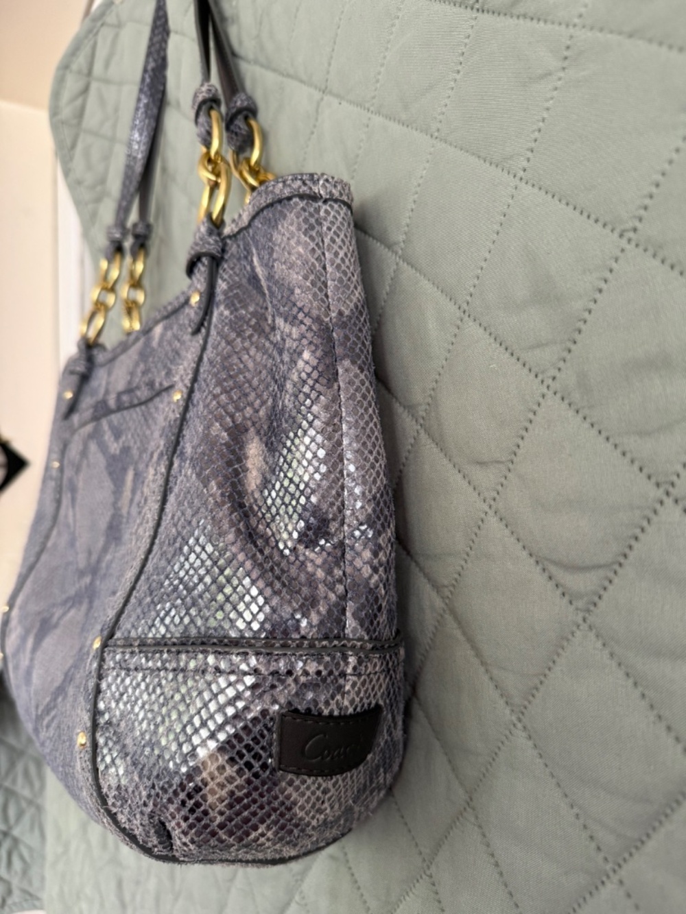 Coach Alexandra Python-Embossed Blue/Gray Shoulder Bag with Gold Hardware. EUC. - Picture 7 of 10